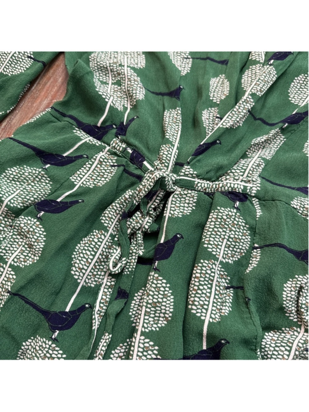 Maeve Anthropologie Green Pheasant Bird Print Dress Pockets Navy Gold S HTF - Picture 13 of 15
